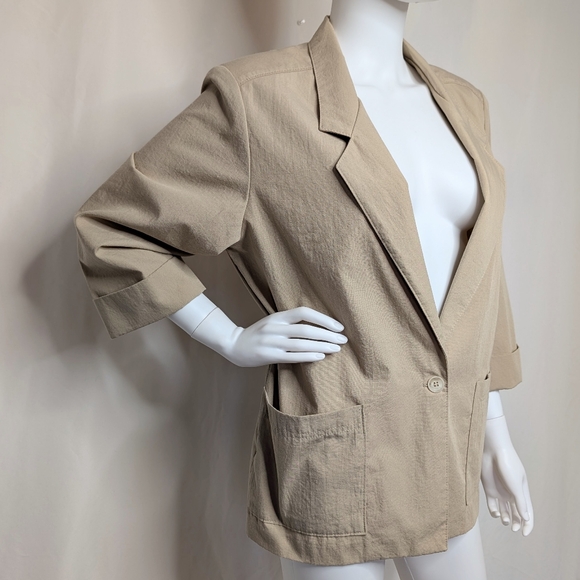 Y2K Light Khaki Tan Boxy Oversized Crop Sleeve Lightweight Casual Blazer - Picture 3 of 6